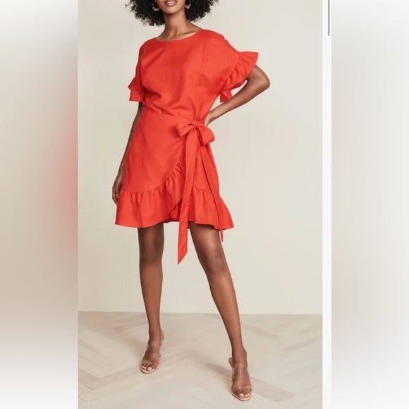 ASTR The Label Coral Red ruffle faux wrap around skirt ruffle sleeves dress Sz L - Picture 9 of 12